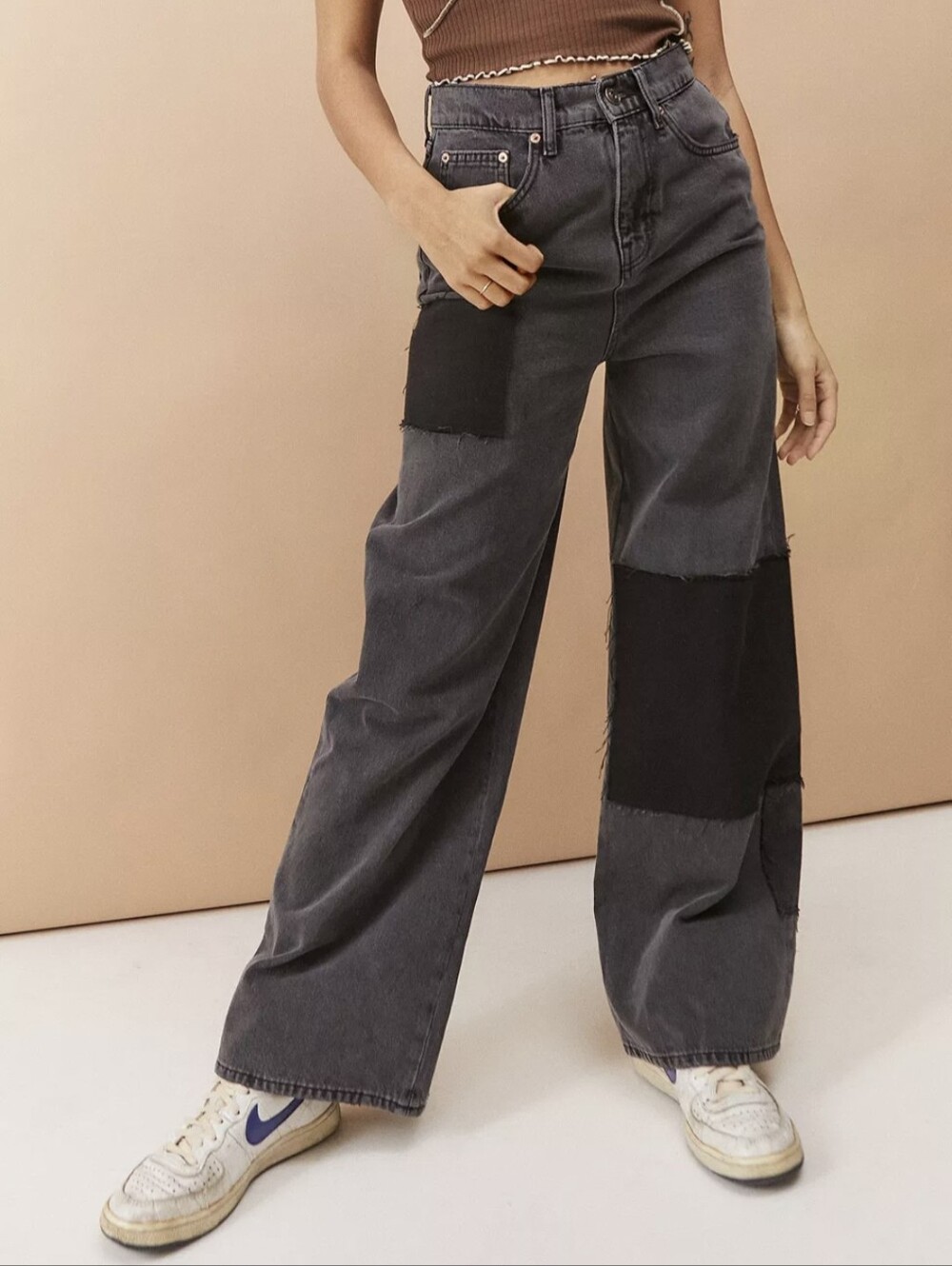Urban Outfitters BDG Washed Black Patchwork Wide-Leg Puddle Jeans - Size 27